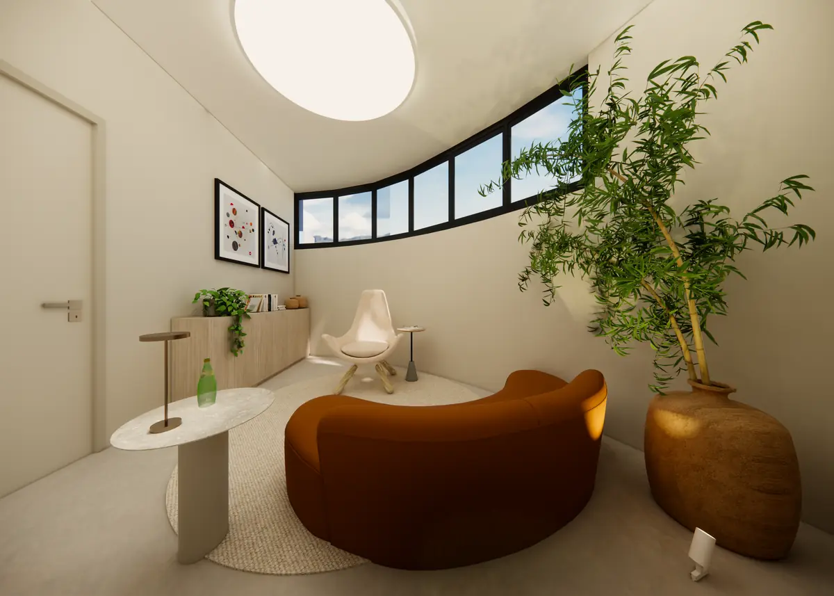 Consultório 4: sofá, poltrona, plantas e janelas amplas